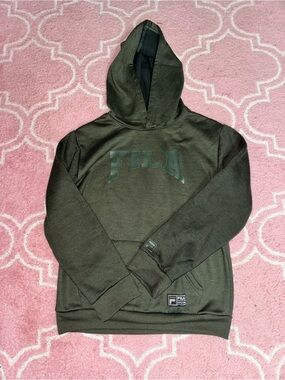 FILA Dark Olive Green Pullover Hoodie with Logo Patch